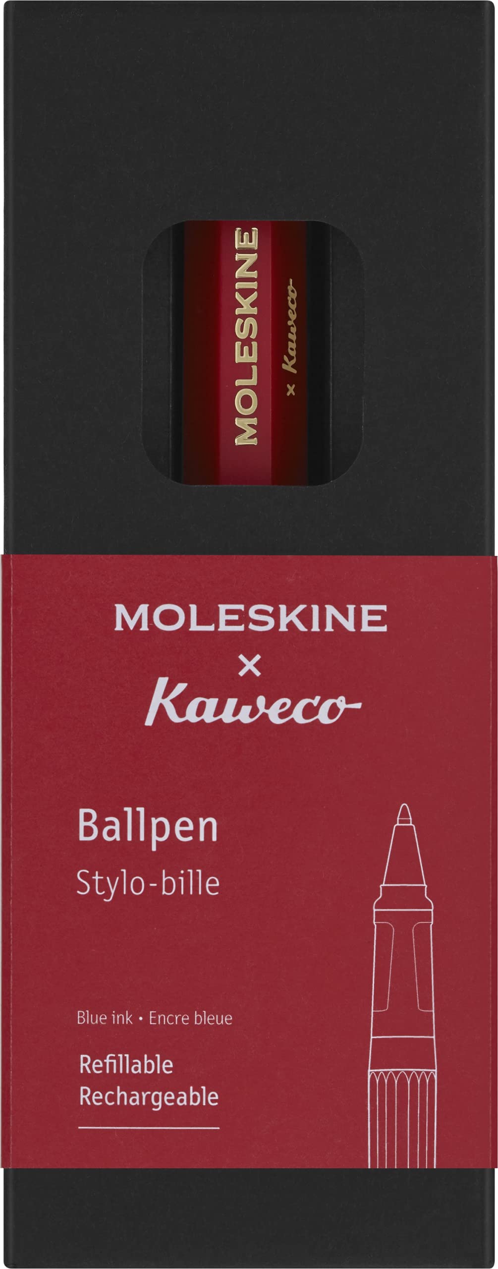 Moleskine x Kaweco Ballpen Refillable Pen in ABS plastic for Writers, Note-takers, Refill 1.0 mm with Blue Ink Included, Color Red