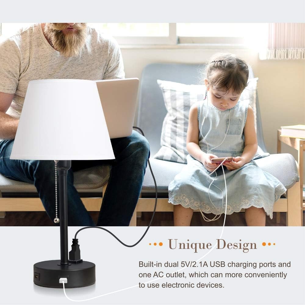 Lifeholder Bedside Lamps, Table Lamp with Useful Dual USB Ports & A Power Outlet, Minimalist White Shade USB Nightstand Lamp , Desk Lamp Perfect for Bedroom, Living Room or Office (2 Packs): Home Improvement