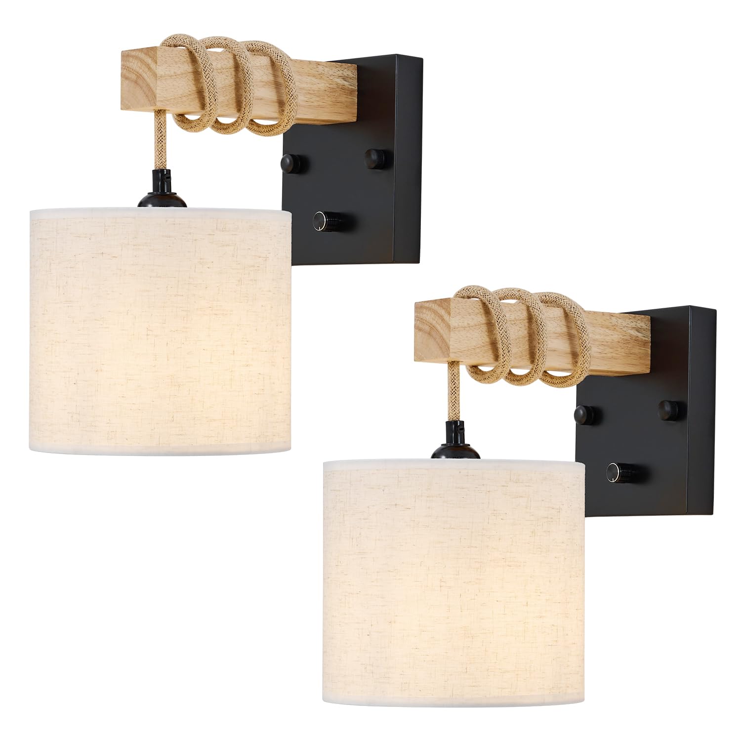 Photo 1 of Neechicx Boho Wall Sconces Set of Two, Hardwired Farmhouse Fabric Wall Lamps with Wooden Arm & On/Off Dimmable Switch,Rustic Indoor Wall Mount Light Fixtures for Bedroom Nursery Living Room Bathroom