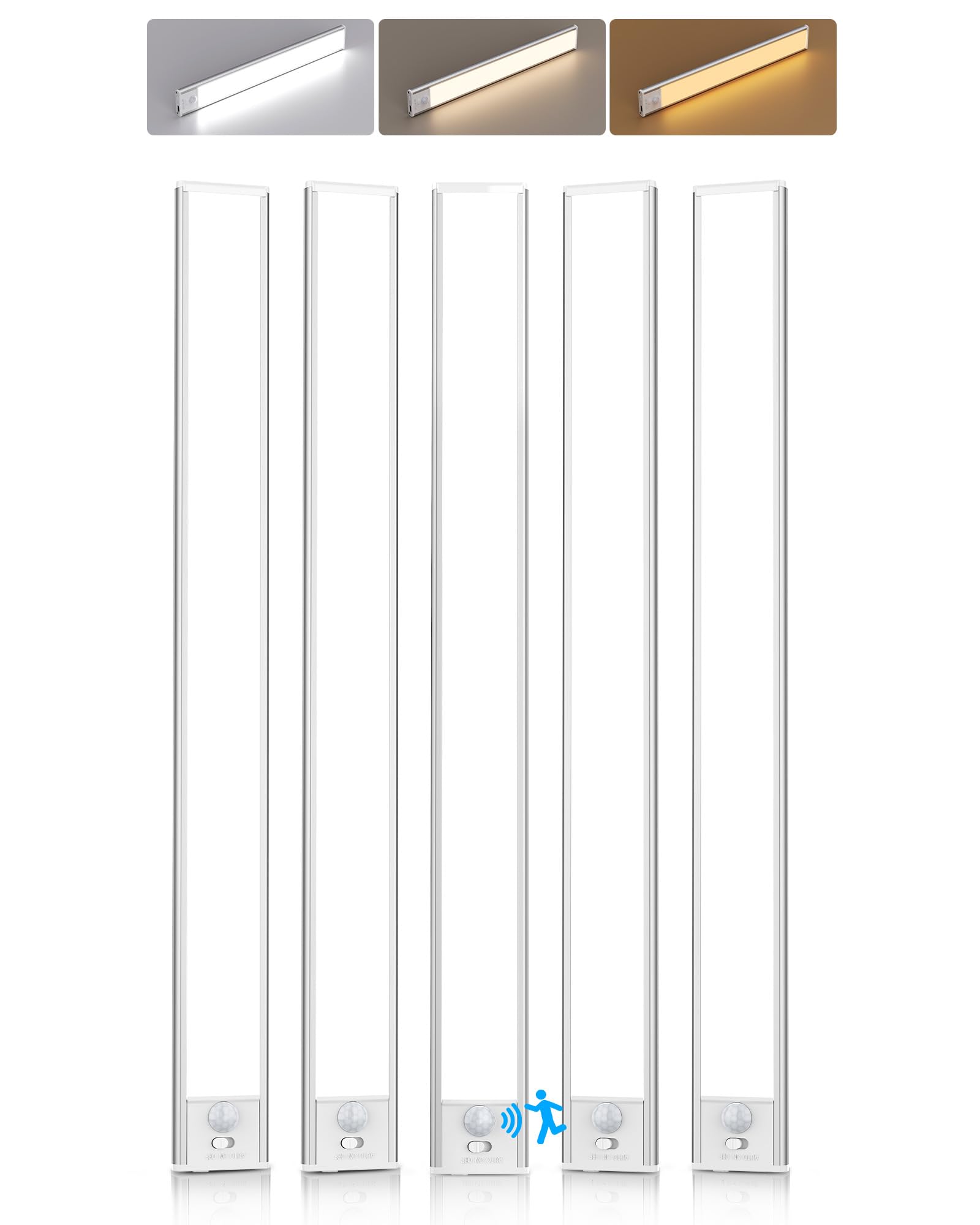 PZSUNLY Under Cabinet Lighting,74 LED 2200mAh Rechargeable,Motion Sensor Light,3 Colors Dimmable,Magnetic Closet Lights,Indoor Night Lights for Kitchen Bedroom Stairs 5 Pack Image