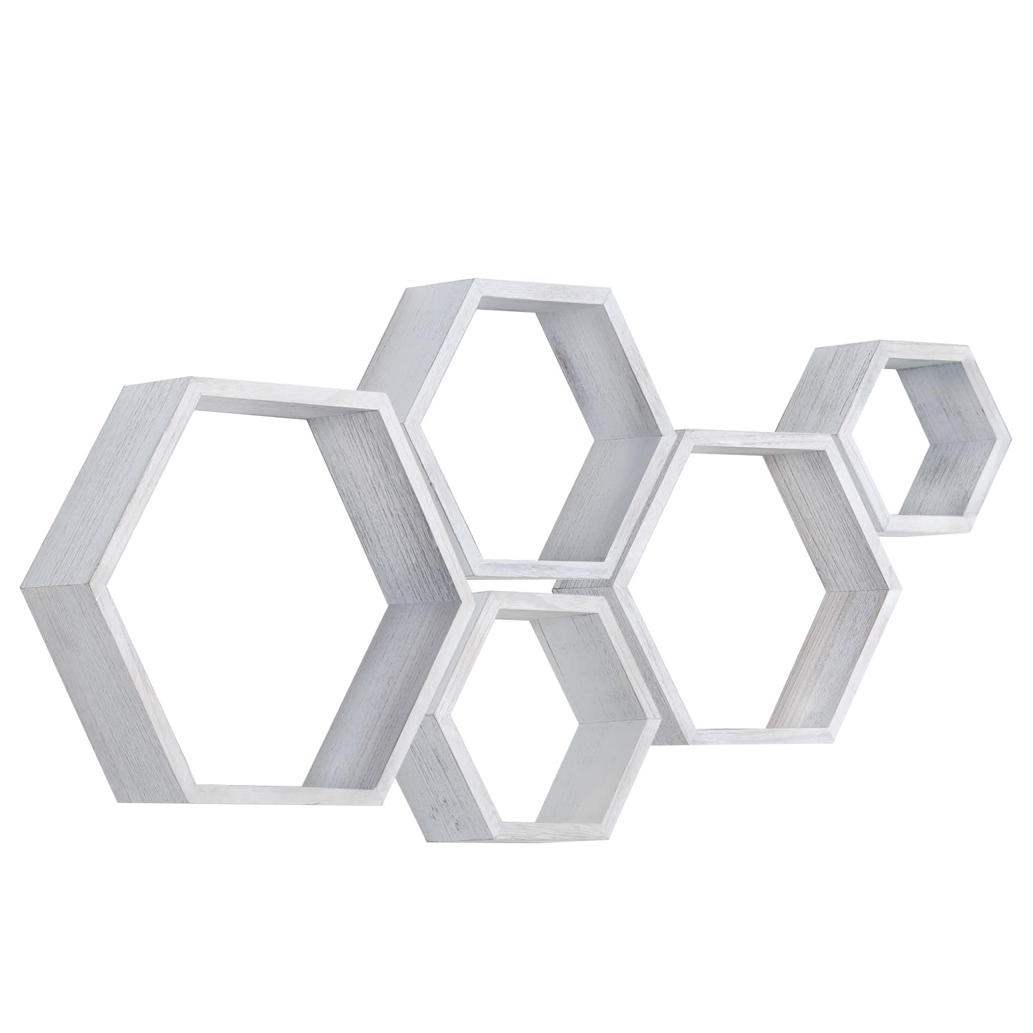 Photo 1 of PHOENANCEE Hexagon Floating Shelves,Wall Mounted Wood Farmhouse Storage Honeycomb Wall Shelf Set of 5,for Bathroom, Kitchen, Bedroom, Living Room,Office,Driftwood Finish (Weathered White)