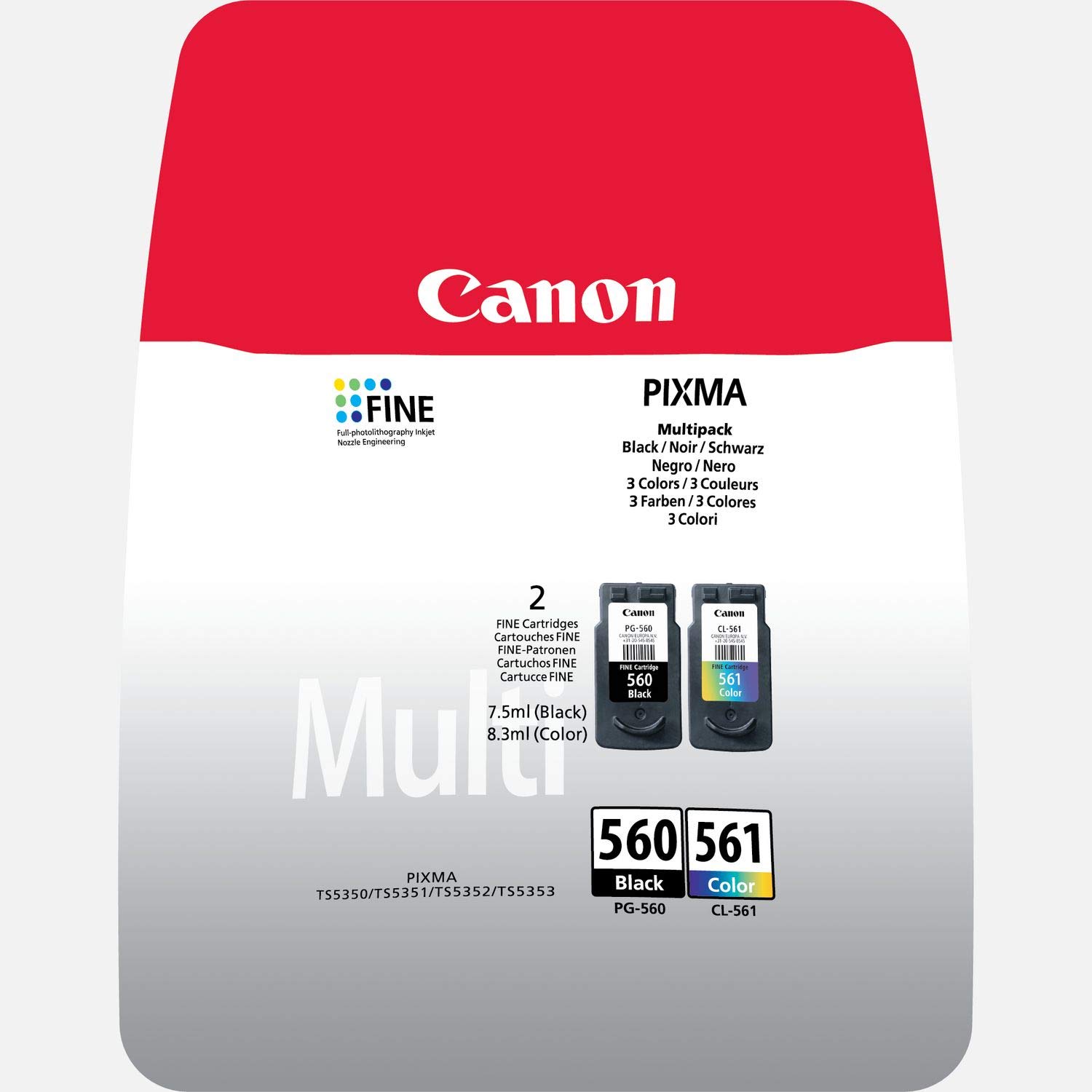 Canon PG-560 Black + CL-561 Colour Genuine Ink Cartridges โ Multipack