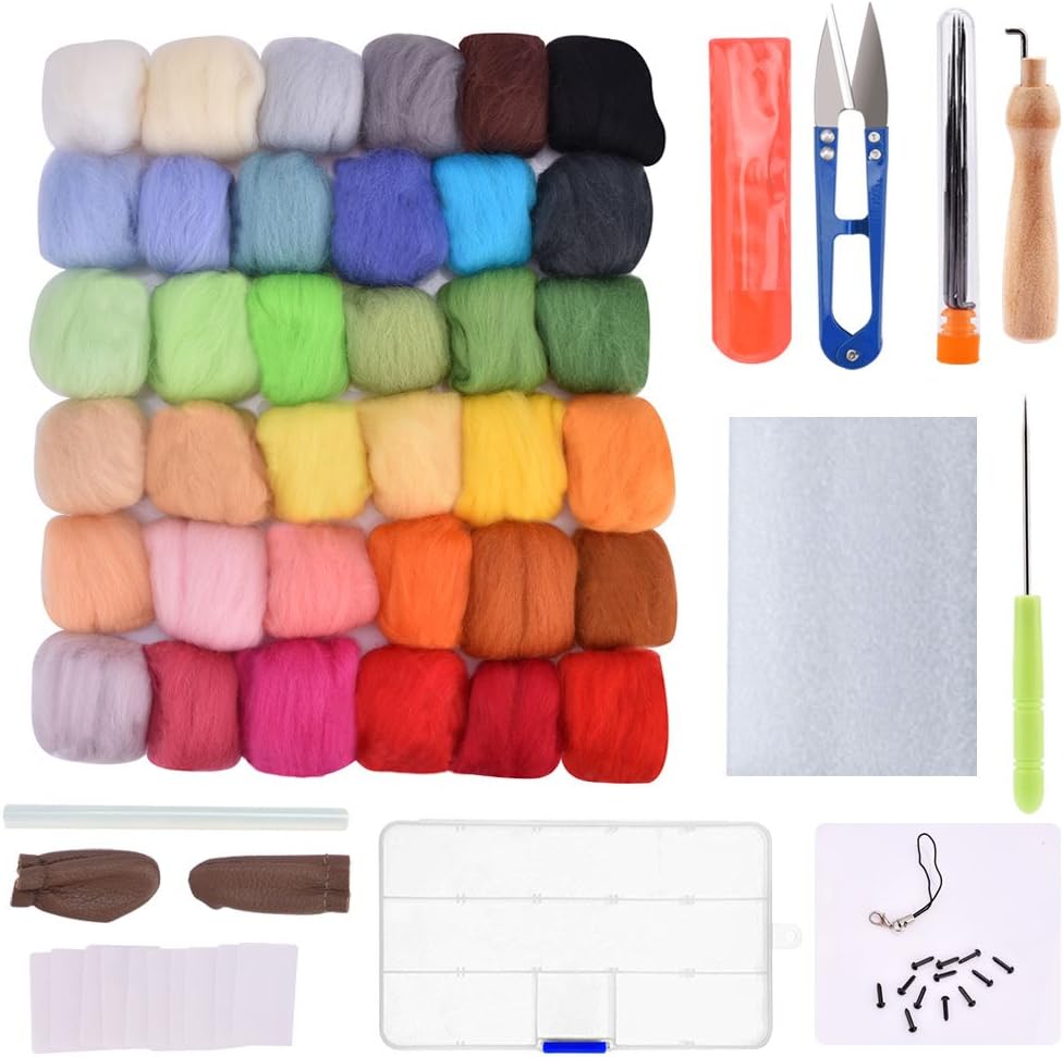 AUSHEN Needle Felting Kit for Beginners Wool Felting Set Fibre Wool Yarn Roving Kits for DIY Craft with 36 Colors Felting Wool