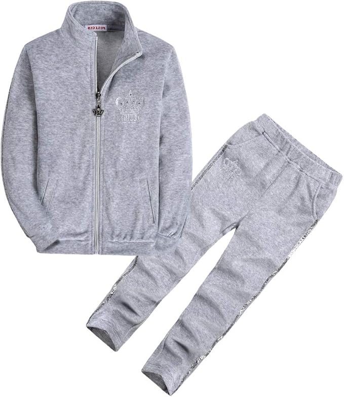 Girls 2 Piece Velour Jogging Set, Zipup Casual Warm Up Suits Sets for Kids Girl 616 Years