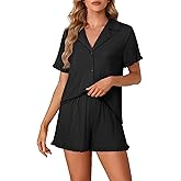 Vrtige Women's 2 Piece Pajamas Set Button Down Short Sleeve Shirt and Shorts Sleepwear PJs Set Plain Black X-Large