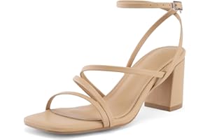 LACUONE Strappy Heels for women Block Heels Square Toe Chunky Ankle Buckle Pump Heeled Sandals