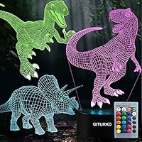 GITURKD Dinosaur Night Light - 3D Led Illusion Lamp Three Pattern and 7 Color Change Dinosaur Toys Lamp with Remote Control, Best Brithday Gifts for Boys Girls