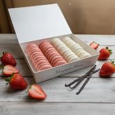 Macarons Strawberry and Vanilla, 24 count | Sweet fruit reduction confections, velvet cream icing treats, premium global ingredients, chic pink white party layout