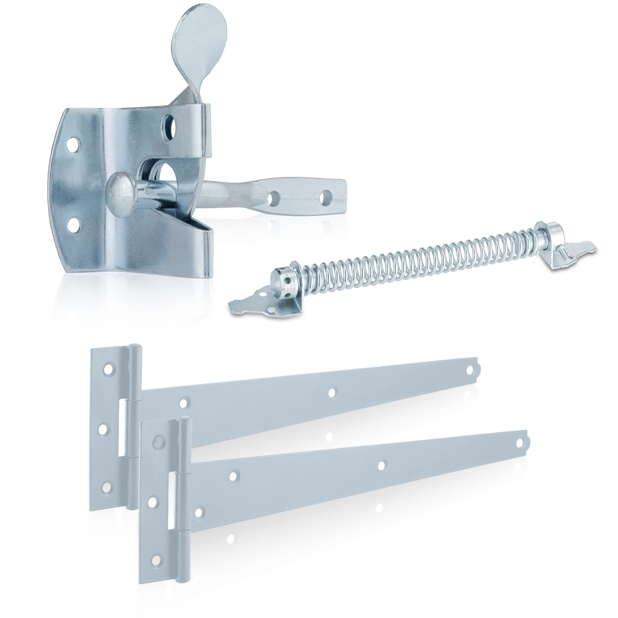 XFORT Premier Auto Gate Latch Zinc Pack, Complete With Two 300mm T-Hinges, One 8" Gate Spring, Weather Resistant Garden Gate Kit, Auto Gate Latch Set, Gate Fitting Kit For External Wooden Garden Gates