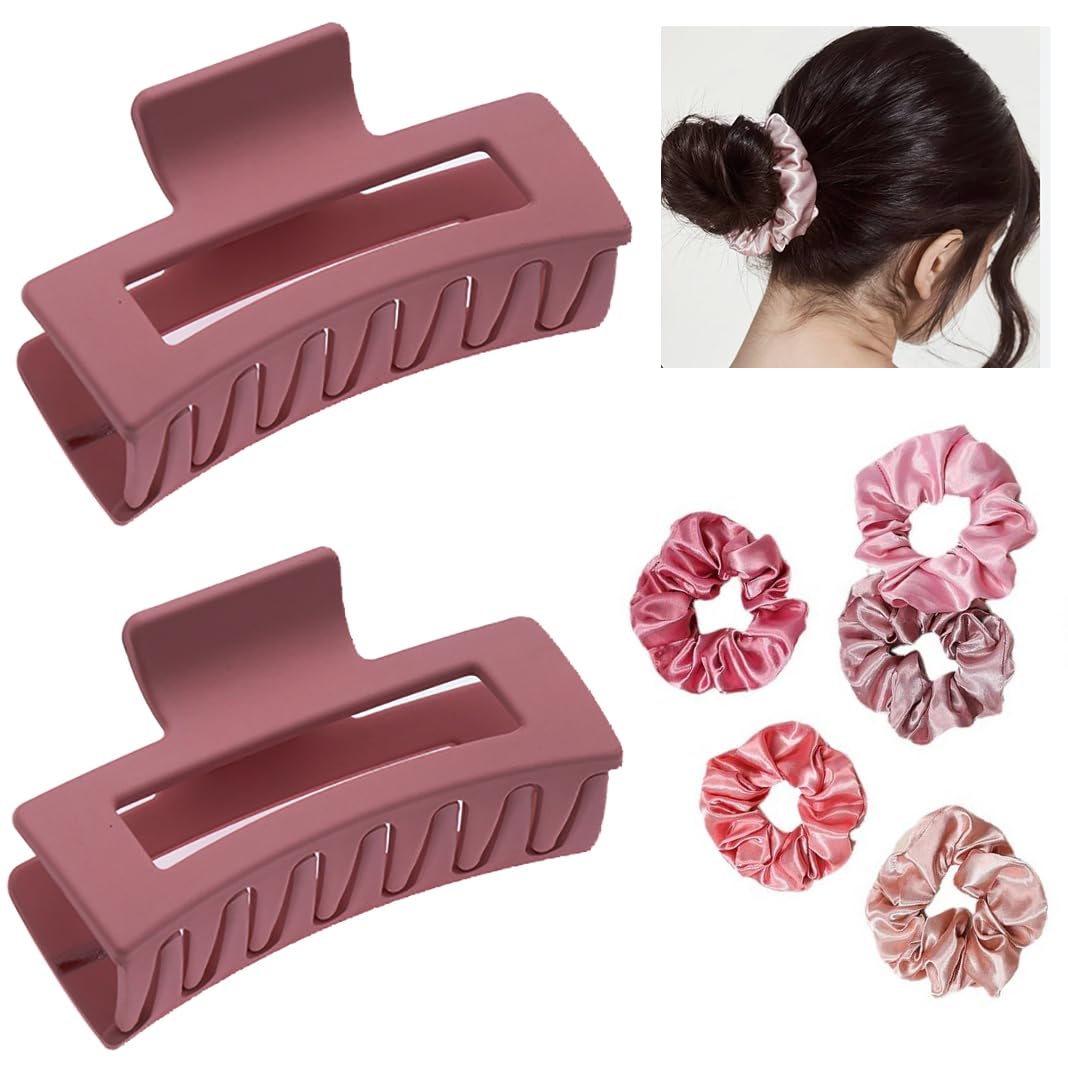 2 MAUVE Hair CLAW CLIPS & 2 SATIN SCRUNCHIES -Elastic HAIR TIES, Ponytail HAIR BOBBLES, Hair BANDS, Large CLAW CLIPS (2 MAUVE Claws & 2 Scrunchies)