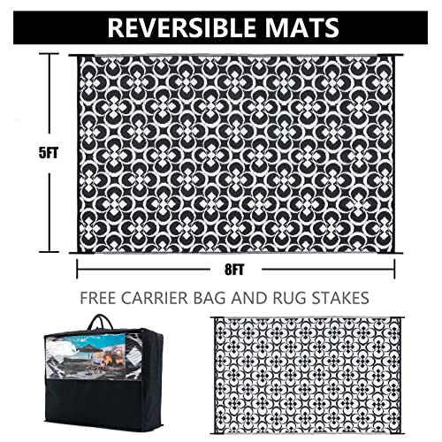 HUGEAR Outdoor Rug, Large Waterproof Outdoor Area Rug, Reversible Portable Outdoor Plastic Straw Carpet for RV Deck Camping Front Door Indoor Outside Porch Picnic (5x8ft Clover Black&White)