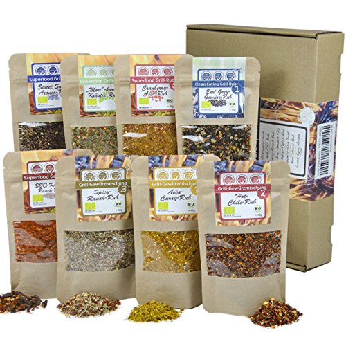 direct&friendly Bio Grill Rubs und Gewürzmischungen Probierset Geschenkset mit 8 verschiedenen Mischungen zum Grillen