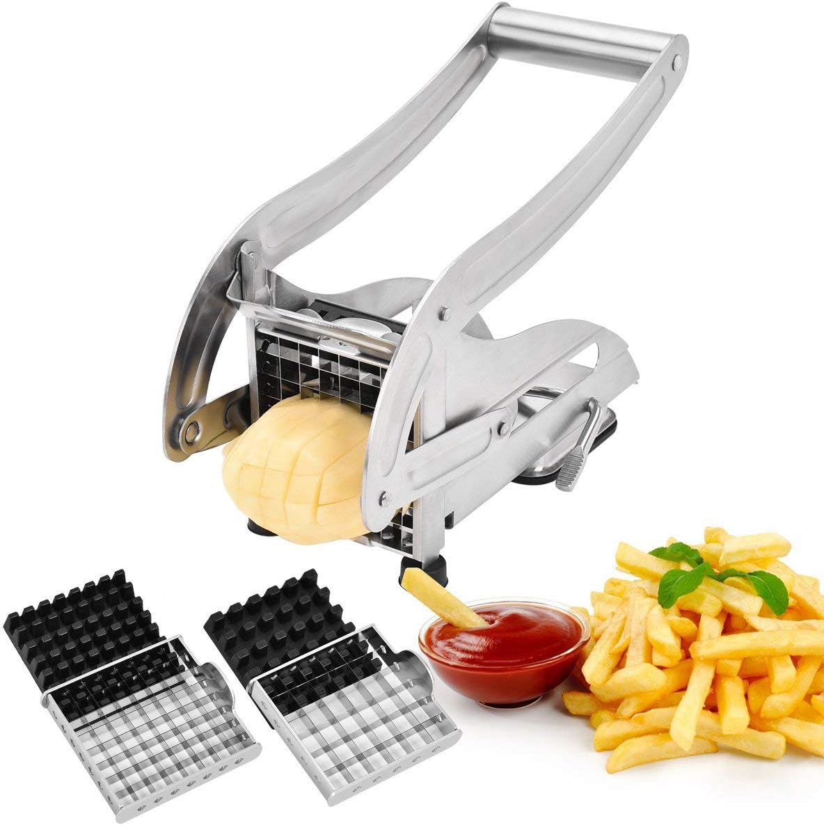 French Fry Cutter, CUGLB Food-grade Stainless Steel Fry Cutter with 3/8" and 1/2" Blades Non-Slip Potato Cutter for French Fries