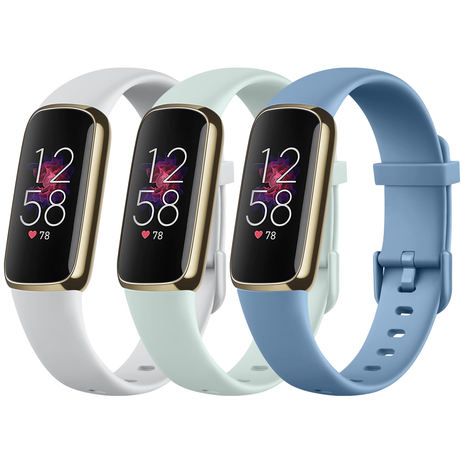 Oumida Pack 3 Straps Compatible with Fitbit Luxe Strap for Women Men,Soft Silicone Adjustable Sport Replacement Wrist Bands for Fitbit Luxe (Small, Blue/Turquoise/Silver Grey)