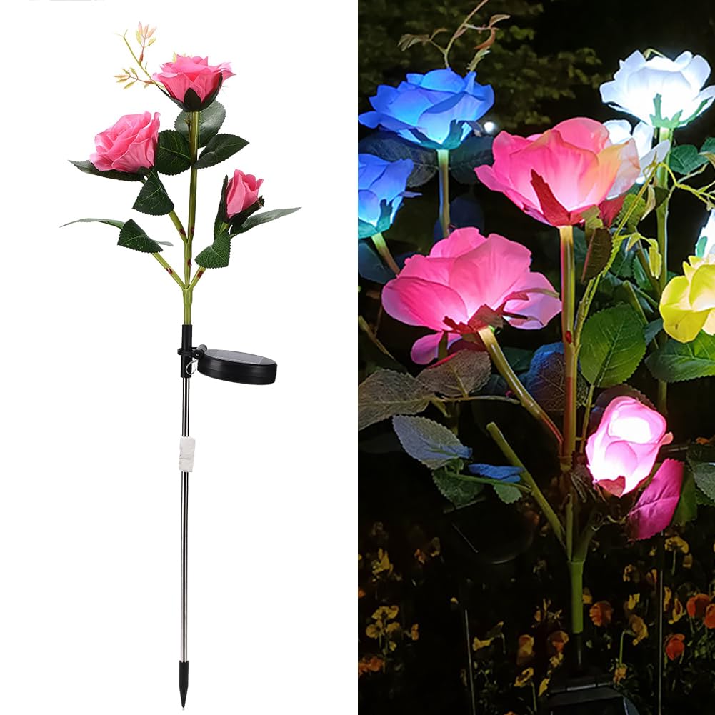 XhuangTech Solar Roses Flowers Lights Outdoor Garden Ornaments, IP55 Waterproof 3 Heads Rose Lights Flower Solar Stake Lights Outdoor Decor for Yard Lawn Patio Porch Fence Flowerbed Pathway (Pink)
