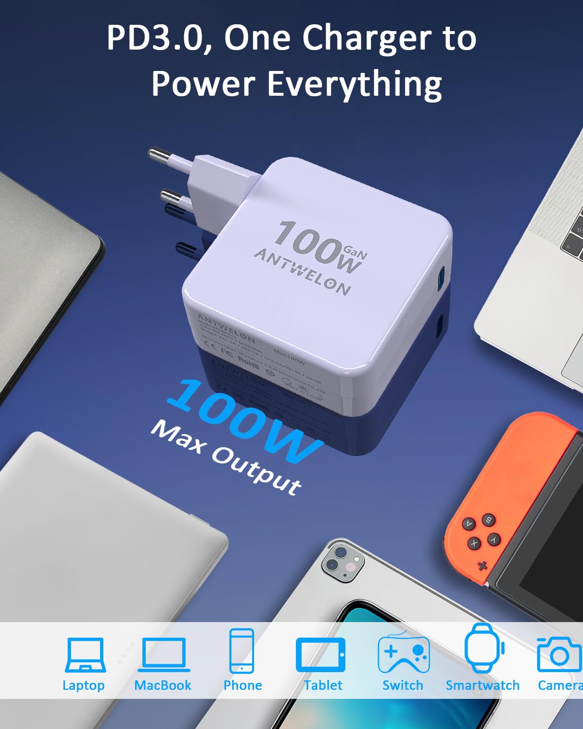ANTWELON 100W USB C Ladegerät GAN Netzteil Typ C für MacBook Pro 16 15 14 Zoll, MacBook Air, iPad Pro, Galaxy S24 S23, Dell XPS, HP, Lenovo Thinkpad Yoga, Laptop, Tablet (lila) 7