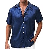 TUNEVUSE Men Satin Shirt Shiny Short Sleeve Floral Button Down Jacquard Dress Summer Solid Shirt Tops S-5XL