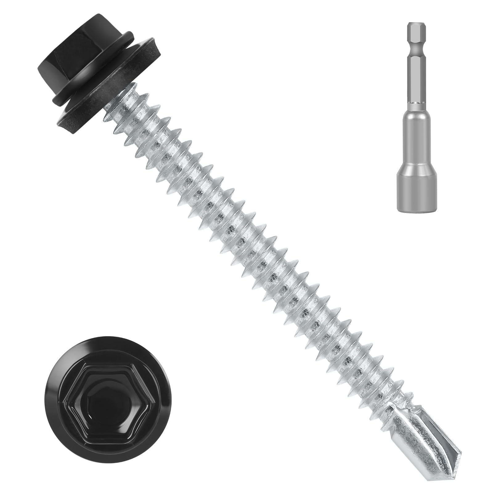 Photo 1 of #14 x 3 (50 PCS) Black Metal Roofing Screws with Rubber Washer, Hex Head Self Tapping Screws for Metal, Self Drilling Sheet Metal Screw, Hex Bit Socket Included