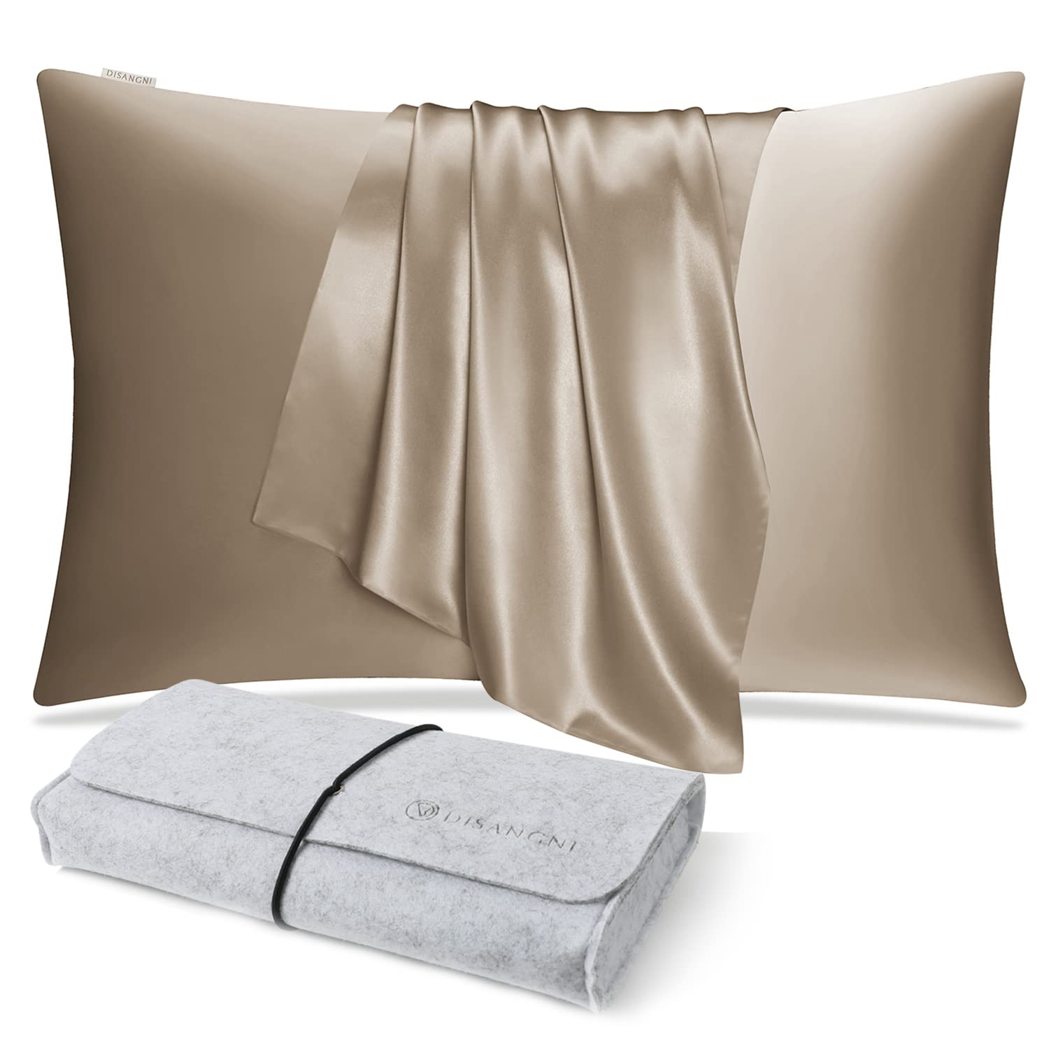 DISANGNI 100% Natural Mulberry Silk Pillow case for Hair and Skin with Hidden Zipper 22 Momme Both Sides Real Silk Pillow Case (1pc 51x66cm, Taupe)