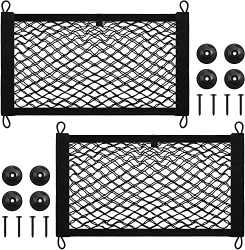 Photo 1 of Frienda 2 Pieces Stretchable Small Cargo Net Pocket Storage Mesh Net Elastic Automotive Storage Pouch with 8 Pieces Mounting Screws and Hooks for Truck Car SUV Boats(17.7 x 9.8 Inches)