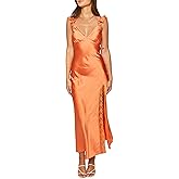 Summer Satin Lace Backless Spaghetti Strap Maxi Dress for Wedding Guest Silk Sleeveless V Neck Slit Ruffled Dress for Women