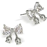 JeanBeau Rhinestone Bow Stud Earrings for Women, Cute Small Cubic Zirconia Ribbon Sterling Silver Hypoallergenic Cartilage Studs Holiday Party Prom Trendy Jewelry Gift for Her