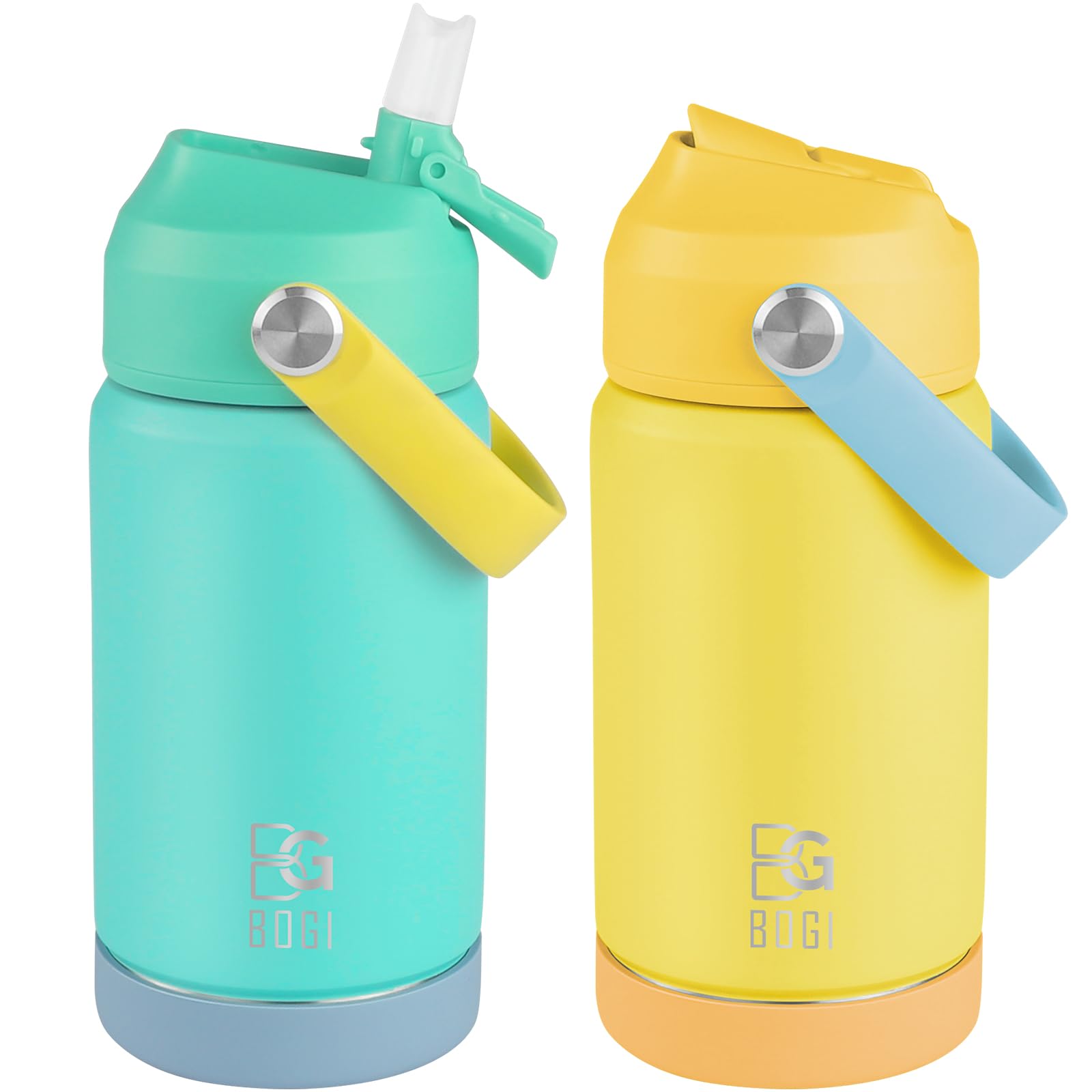 BOGI Kids Metal Water Bottle with Straw, 350ml Kid Stainless Steel Water Bottle for School Leak Proof Insulated Water Bottle for Boys Girls Toddlers Children | 2Pack-Mint+Yellow