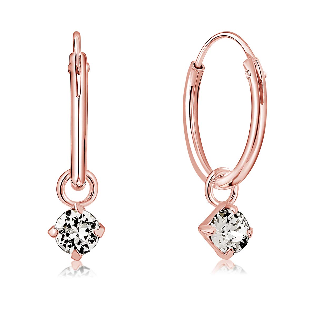 DTPsilver® 925 Sterling Silver Rose Gold Plated SMALL Hoops Earrings & Round Dangling 3 mm Crystals from Swarovski® Elements - Thickness 1.2 mm - Diameter: 12 mm - Colour : Clear Crystal