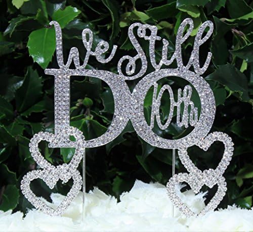 10th Anniversary cake topper - Monogram rhinestone silhouette w/crystals "We Still Do 10th" with 2 separate hearts vow renewal wedding party cake topper