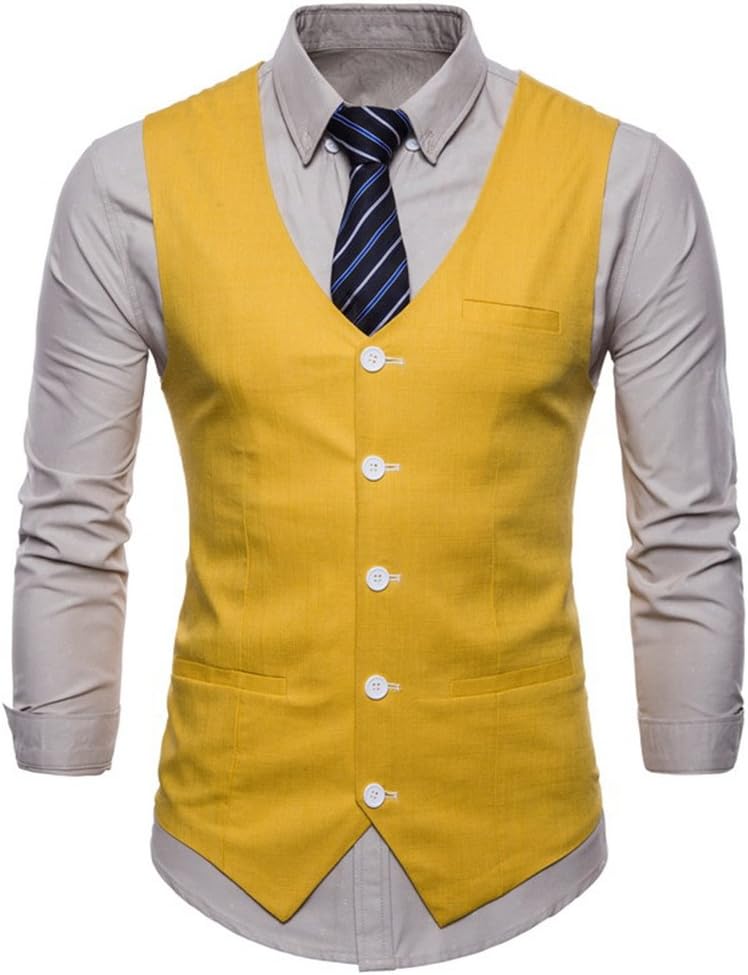FULIER Men Slim Fit V Neck Double Breasted Business Casual Waistcoat Suit Vest