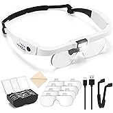 KIMDDO Magnifying Glasses Headset, 1.5X to 5X Magnifying Glass with Light and 4 Detachable Lenses, Hands Free Lighted Head Mo