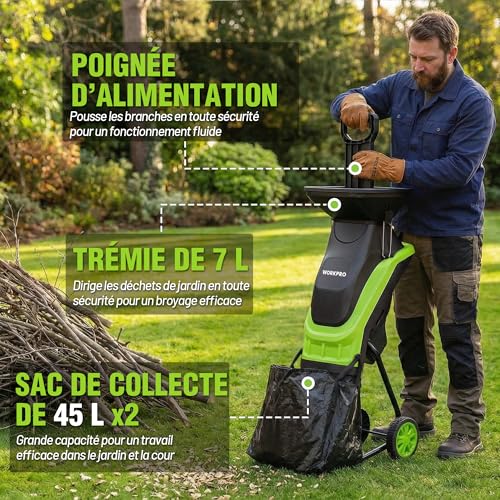 WORKPRO Electric Plant Crusher 2500W, Max Cut 44mm, SK5 Double Edge Blades, 2 Bags 45L, 7L Hopper, 18cm Wheels, with Pruning Shears Included, for Branches, Green Waste and Garden Sizes