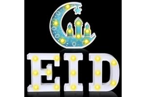 AURELEMA 4 Pieces Eid Mubarak Decor for Home Ramadan Table Decorations Eid Letter LED Lights Ramadan Marquee Moon Star Lantern LED Muslim Lamp Centerpieces for Home Party Table Decorations