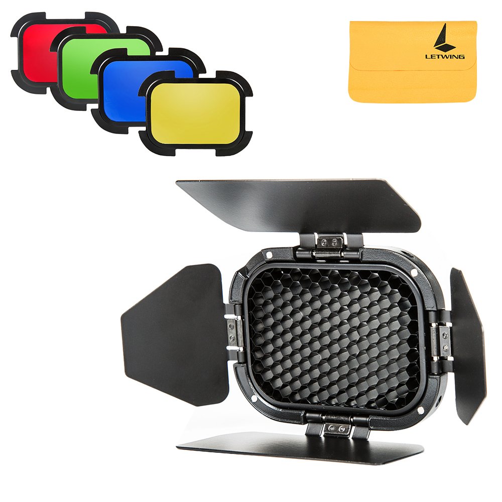 GODOX BD-07 Dedicated Barn Door with Honeycomb Grid and 4 Color Gel Filters (Yellow, Green, Red, Blue) for GODOX AD200 Pocket Speedlite Fresnel Flash Head + LETWING Clean Cloth