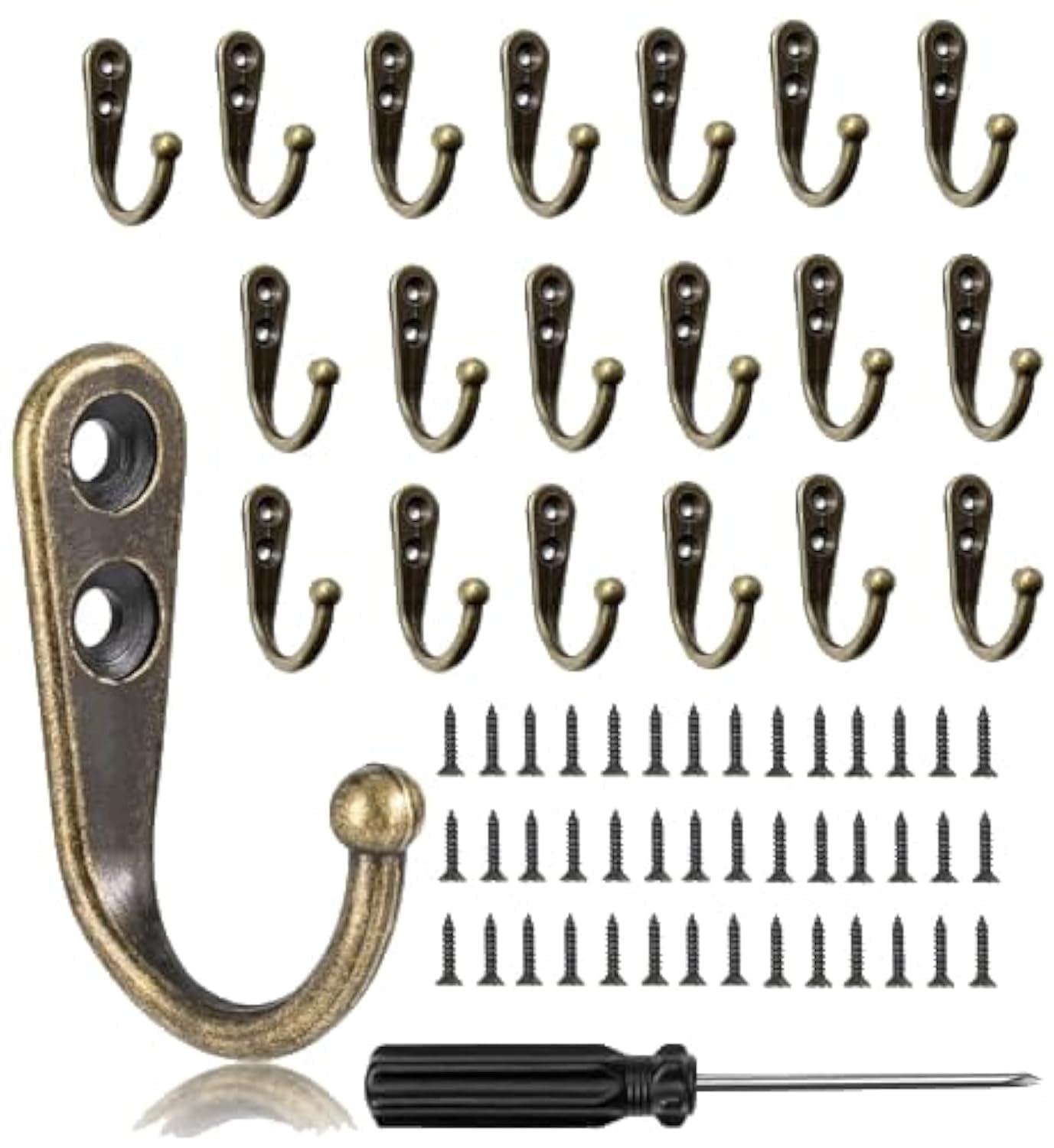 QINGHEC 20 Pcs Small Coat Hooks Wall Mounted - Vintage Single Metal Robe Hooks for Door Hanging Keys Clothes - Brass Hooks with 40 Screws and Screwdriver