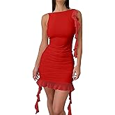 Kaximil Women's Sexy Sleeveless Mini Party Dress Ruffle Ruched Backless Club Short Dresses