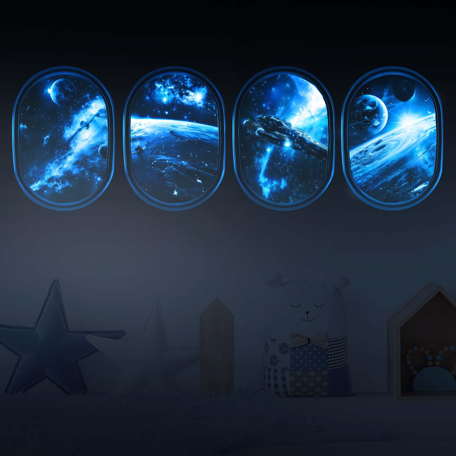 SNAIL GARDEN 4 Pcs Luminous Universe Galaxy Wall Stickers,Glow in The Dark Wall Decals,Self-Adhesion Space Themed Wall Decor,3D Wall Decor for Room,Space Room Decor for Boys(Blue Light)