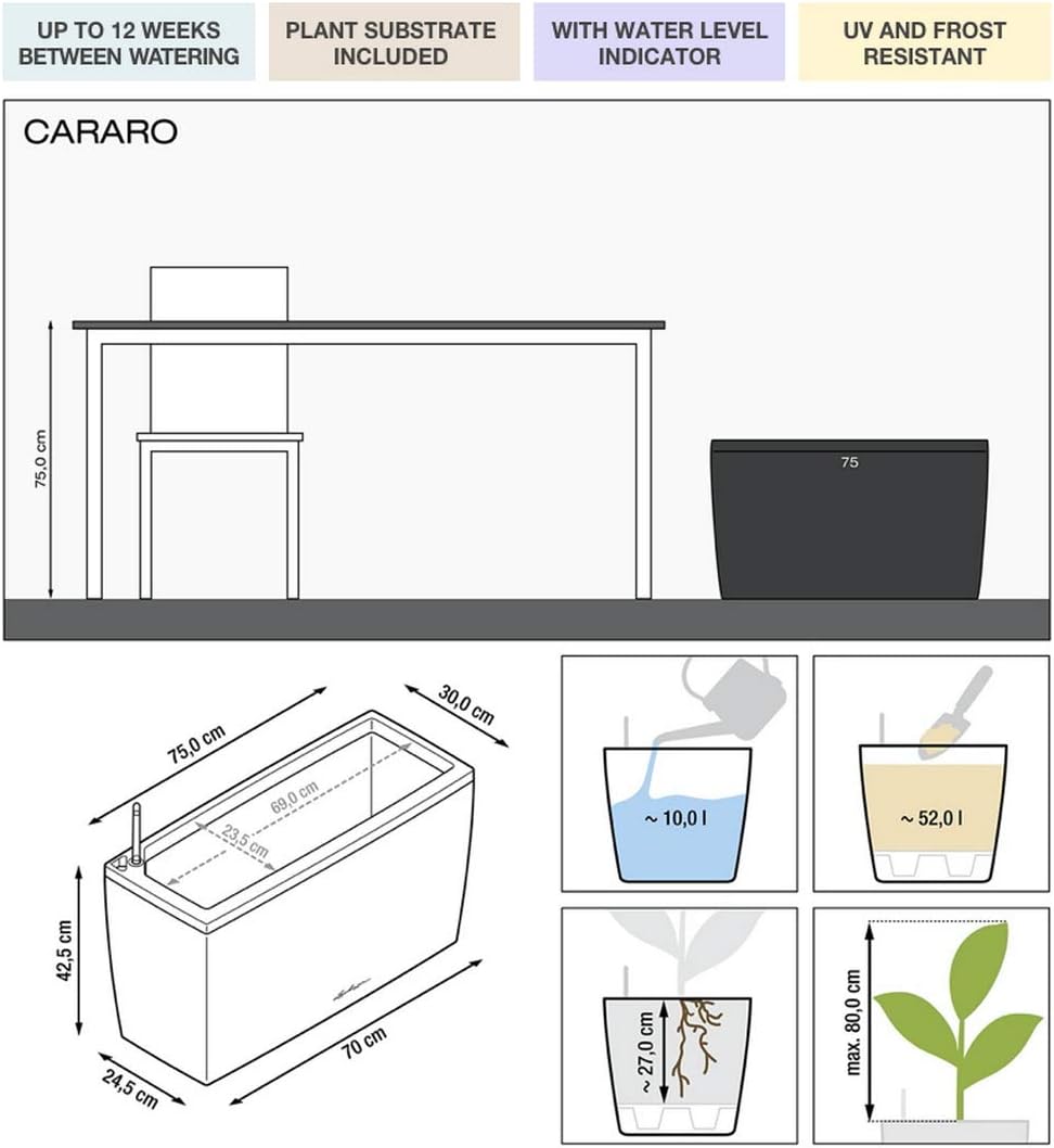 Lechuza Self Watering Plant Pot CARARO 75 Garden Flower Indoor and Outdoor Plastic Large Planter with Rollers and Drainage Hole H43 L75 W30 cm White High-Gloss - Image 3
