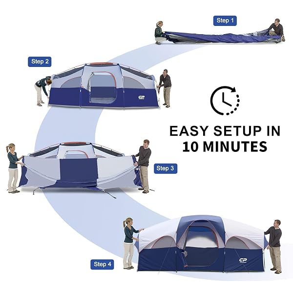 CAMPROS CP TENT 8 PERSON CAMPING TENTS, WEATHER RESISTANT FAMILY TENT, 5 LARGE MESH WINDOWS, DOUBLE LAYER, DIVIDED CURTAIN FOR SEPARATED ROOM, PORTABLE WITH CARRY BAG – DEEP GRAY