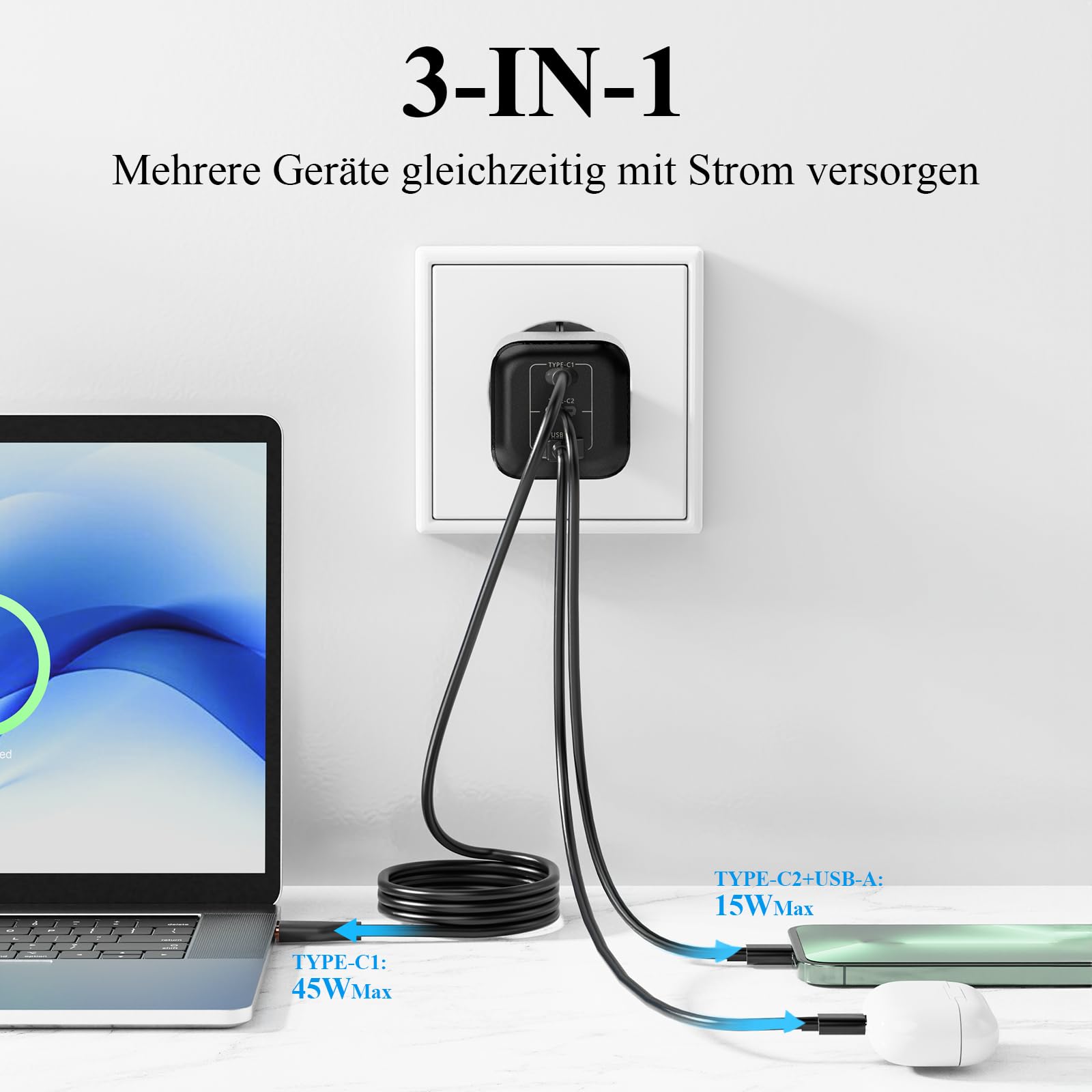 Minthouz USB-C-Ladegerät mit Charging Cable, PD 67W, 3-Port-GaN-Mehrfachnetzteil, Fast Charger kompatibel mit iPhone 17/17 Air/17 Pro/17 Pro Max/17 SE, 16/15/14/Serie, Galaxy, iPad 3