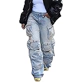 YOOTIKO Womens Baggy Jeans Cargo Pants Y2K High Waisted Distressed Street Denim Wide Leg Trousers with Pockets