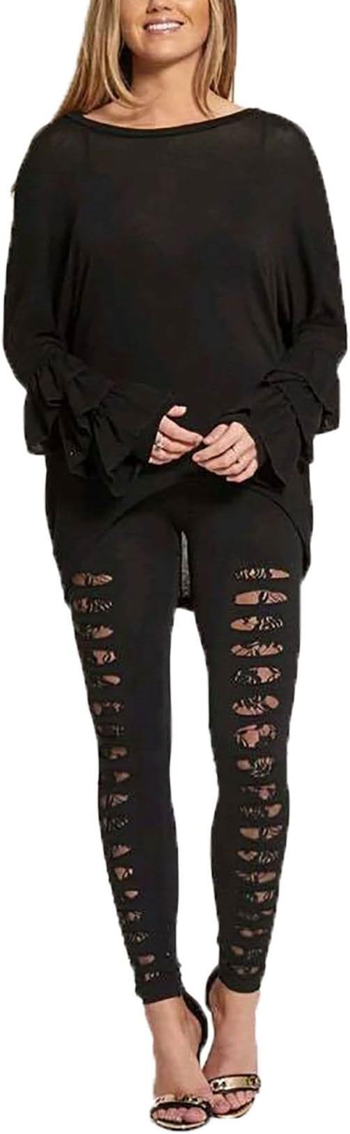 Islander Fashions Womens Laser Cut Slashed Front Lace Leggings Ladies Contrast Stretchy Fancy Inlay Legging