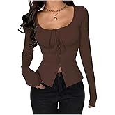SOLY HUX Women's Long Sleeve Shirts Bow Tie Button Down Scoop Neck T-Shirt Aesthetic Going Out Tops