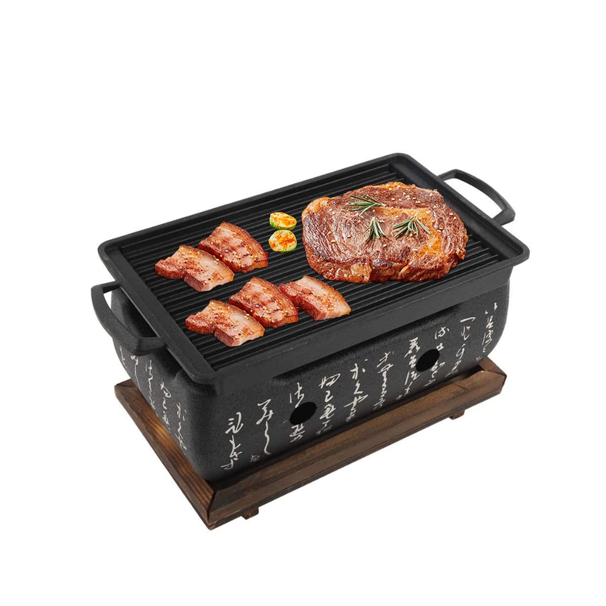 Japanese Style Barbecue Grill Mini Household BBQ Charcoal Stove With Wire Mesh Grill and Wooden Base Hibachi for Yakiniku Takoyaki Camping with Stainless Steel Grill mesh and Base (With bakeware)