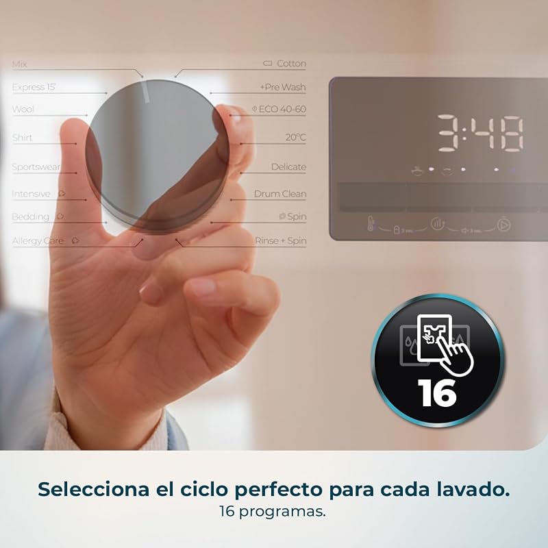 Lavadora Carga Frontal 7Kg Bolero DressCode 7450 Inverter. 1850W, 1200 rpm, Clase A-10%, Bajo Consumo, 16 programas, Panel Inox, Allergy Care, Pearl Drum, Función Silence, KidLock, Blanco