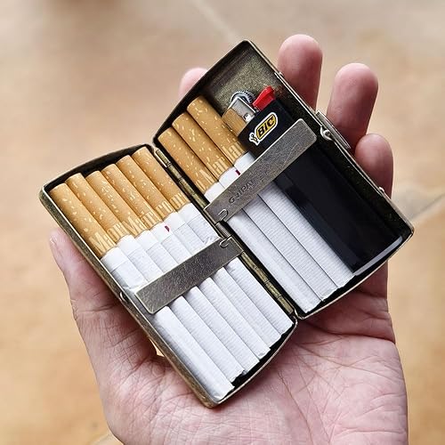 Cigarette Case Mini Tobacco Box Metal Retro 85mm 3.74 Inch King Size 12  Capacity Sturdy Double Sided Spring Clip Open Pocket Holder Vintage Golden  in Saudi Arabia