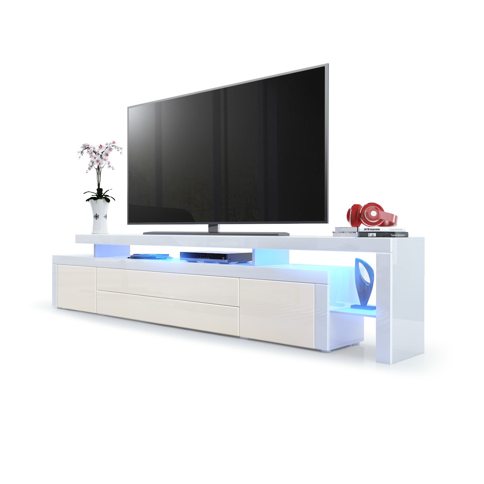 Vladon TV Stand Unit Leon V3, Carcass and raised stand in White High Gloss/Front in Cream High