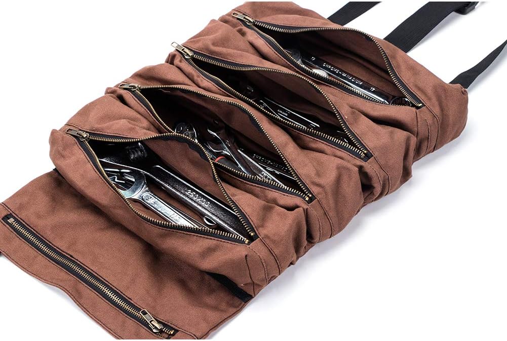 Super Tool Roll, Large Wrench Roll, Big Tool Roll Up Bag, Waxed Canvas Tool Organizer Bucket, Tool Roll Up Pouch, Handy Small Tools Tote Carrier, Tool Pouch Sling, Car Back Seat Organizer (Khaki) - - 