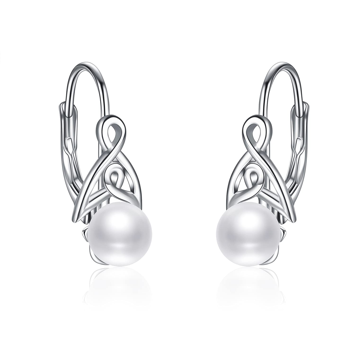 Pearl Earrings for Women 925 Sterling Silver Irish Celtic Knot Hoop Earrings Leverback Jewellery Gifts (silver)