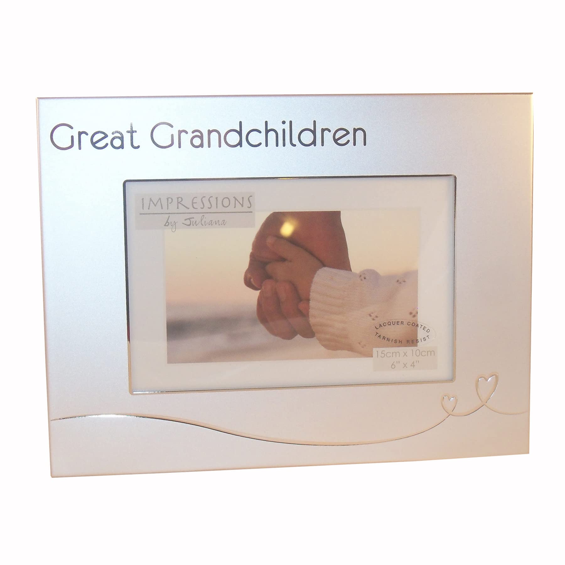 Silver Plated Great Grandchildren Photo Frame Satin Finish with Hearts Swirl Freestanding/Mantle design 8215